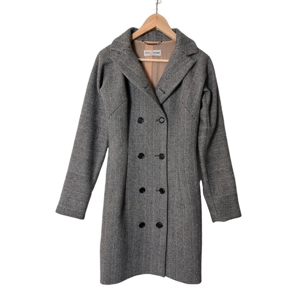 Dolce & Gabbana Gray Herringbone Double-Breasted Wool Coat